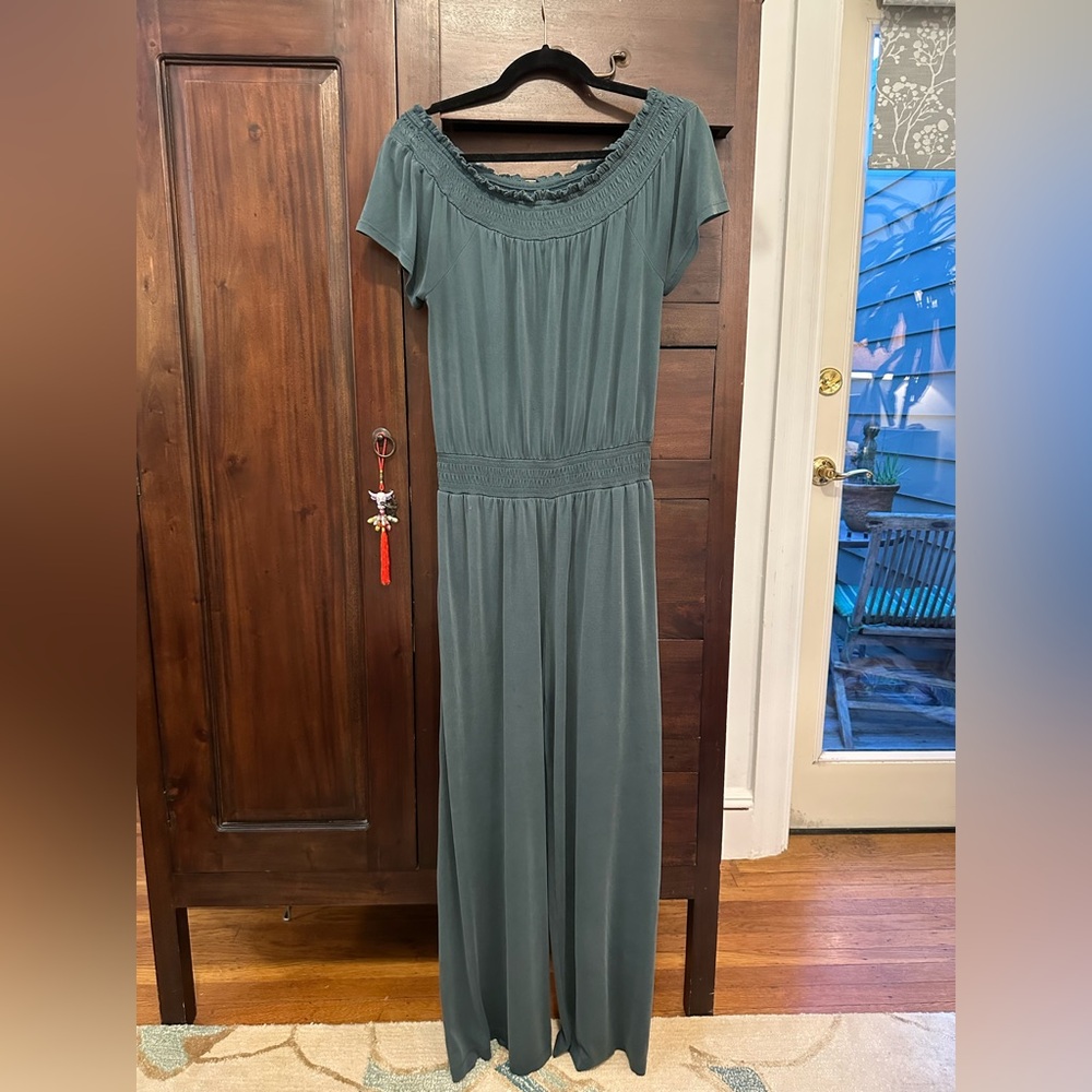 Saturday Sunday (Anthropologie) teal off-the-shoulder wide leg jumpsuit - MP - Picture 2 of 12
